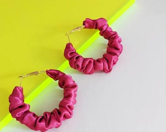Pink Satin Scrunchie Hoop Earrings - Fabric Earrings - Gold plated earposts