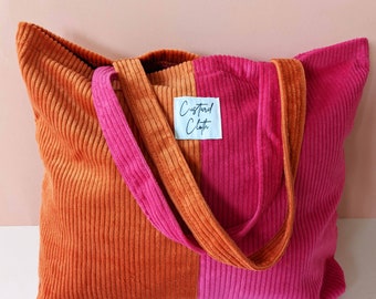 Weekend Corduroy Tote bag ~ Hot pink and orange colour block