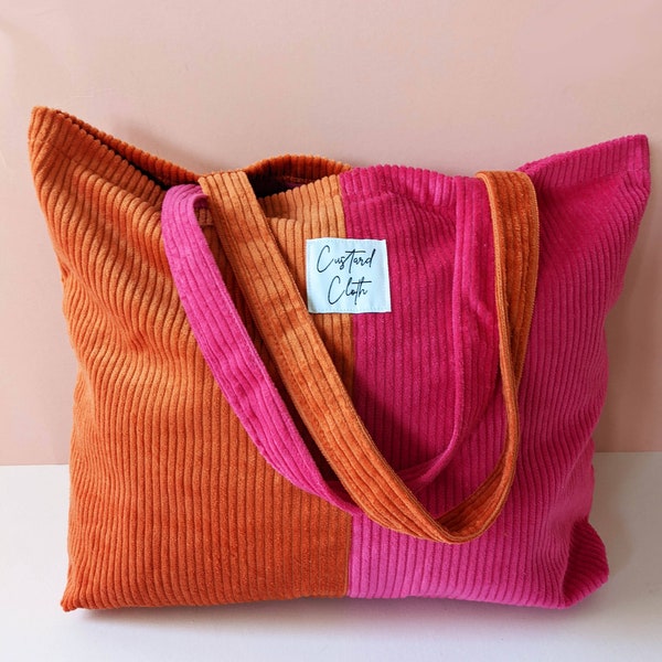 Weekend Corduroy Tote bag ~ Hot pink and orange colour block