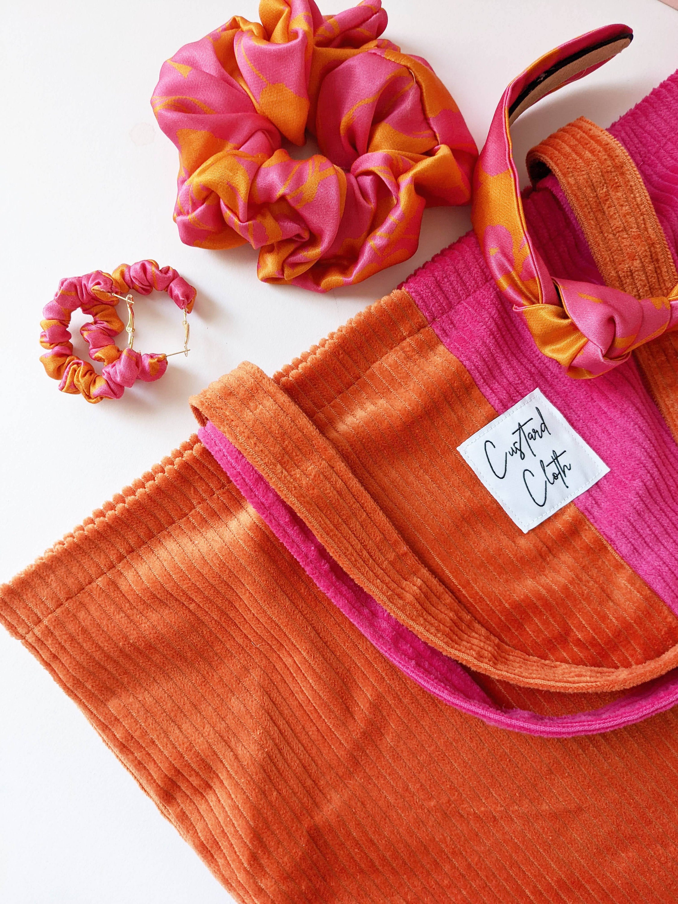 Weekend Corduroy Tote Bag ~ Hot Pink and Orange Colour Block