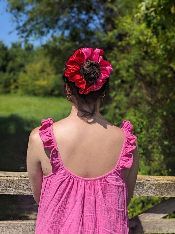 Red & Pink Oversized Satin Scrunchie ~ Valentines Day Hair Accessory
