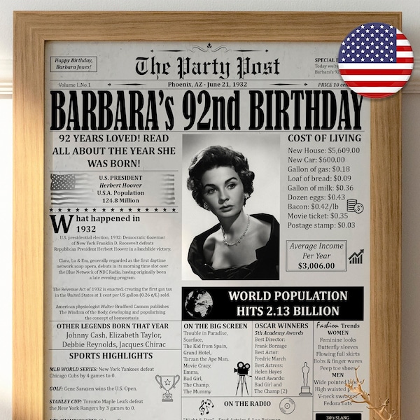 92nd Birthday Party Decoration Poster, Personalized Gift With Photo For Women and Men, Back In 1932 Newspaper Printable Sign, DIGITAL FILE