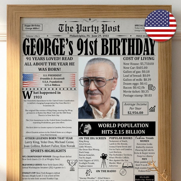 1933 91st Birthday Gift For Women Or Men, Born 1933 DIGITAL, 91st Birthday Newspaper Poster, What Happened 1933, 91 Years Ago Back In 1933