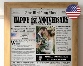Geschenk zum einjährigen Hochzeitstag, lustige Fakten zum 1. Jahrestag aus der Zeitung, personalisiertes Poster zum Papierjubiläum für Ehemann oder Ehefrau, 1 Jahr