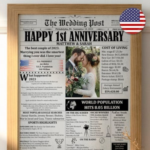 One Year Wedding Anniversary Gift, 1st Anniversary Newspaper Fun Facts, Paper Anniversary Personalized Poster For Husband Or Wife, 1 Year