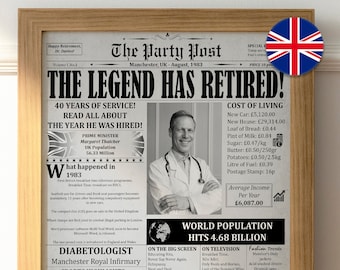 Puede incluir: Impresión enmarcada de periódico de Manchester, Reino Unido, agosto de 1983, con el titular "The Legend Has Retired!". Incluye foto de médico, titulares, eventos deportivos y coste de la vida.