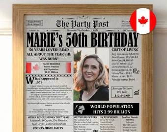 Happy 50th Birthday Gift for Men and Women, Personalized Party Poster, Back In 1974 Printable Decorations, The Year You Were Born in Canada