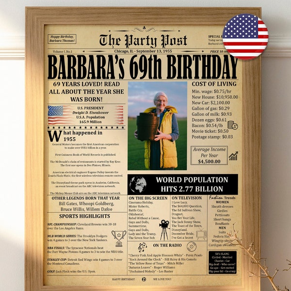 1955 Birthday Newspaper, 69th Birthday Gift for Men and Women, 1955 Fun Facts, 69th Decoration Idea, Born in 1955, What Happen Back In 1955