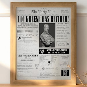 May include: A framed newspaper print titled "The Party Post" from June 11, 1984, celebrating LTC Greene's retirement. The print includes a photo of LTC Greene, details about his service, and information on the cost of living and world population.