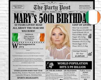 1974 IRELAND, 50th Birthday Poster, 50th Birthday Card, Personalized Gift For Men And Women, 50th Birthday Printable Newspaper, Irish Facts