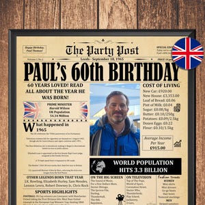 60th Birthday Newspaper Poster, 1965 in UK, 60th Birthday Gift for Men or Women, Back in 1965 Highlights, Unique 60th Birthday Party Decor