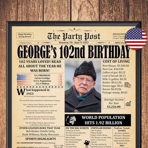 Personalized 102nd Birthday Newspaper Poster | 102nd Birthday Gift for Men or Women | 102 Years Ago Printable Decor | Back in 1923 Article