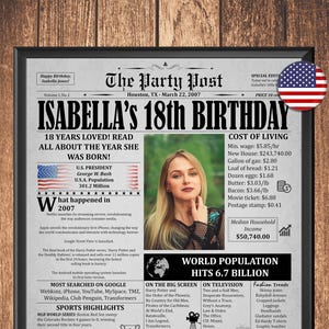 May include: A framed newspaper-style print celebrating Isabella's 18th birthday, dated March 22, 2007. The design includes a photo of Isabella, headlines, and information about the year 2007, such as the cost of living, popular names, and world events.