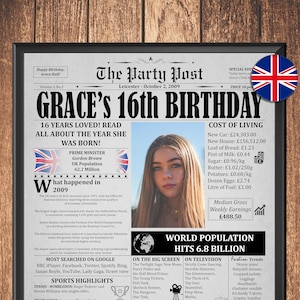 2009 Newspaper Poster, 16th Birthday Gift For Boy Or Girl, 2009 in UK, 16th Birthday Decoration Idea, Personalized Printable Sign, 16 Years