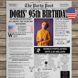 95th Birthday Personalized Gift For Women Or Men, 1929 Newspaper, 95 Years Ago, Back In 1929 Printable Poster, Grandparents Gift For 95 Bday