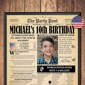 10th Birthday Newspaper Poster, 10th Birthday Gift for Boys or Girls, 2015 Newspaper, 10 Years Ago Back In 2015, 10th Birthday Sign