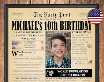 10th Birthday Newspaper Poster – Gift for 10 Year Old Boy | Personalized Printable