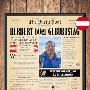1965 60th Birthday Gift For Man Or Woman, Born 1965 In Austria, 60th Birthday Newspaper Sign, 1965 Fun Facts, 60 Years Ago Back In 1965
