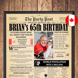 65th Birthday Newspaper Poster, 1960 in Canada, 65th Birthday Gift for Men or Women, Back in 1960 Highlights, Unique 60th Birthday Decor
