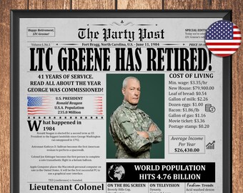 Puede incluir: Un anuncio de jubilación para LTC Greene, con estilo de periódico. El titular dice "¡LTC Greene se ha jubilado!" e incluye detalles sobre sus 41 años de servicio, el año en que fue comisionado y una instantánea del mundo en 1984. El anuncio está enmarcado en un marco negro.