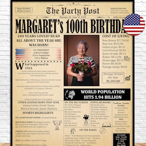 1924 100th Birthday Gift For Women Or Men, Born 1924 In USA, 100th Birthday Newspaper Poster, What Happened 1924, 100 Years Ago Back In 1924