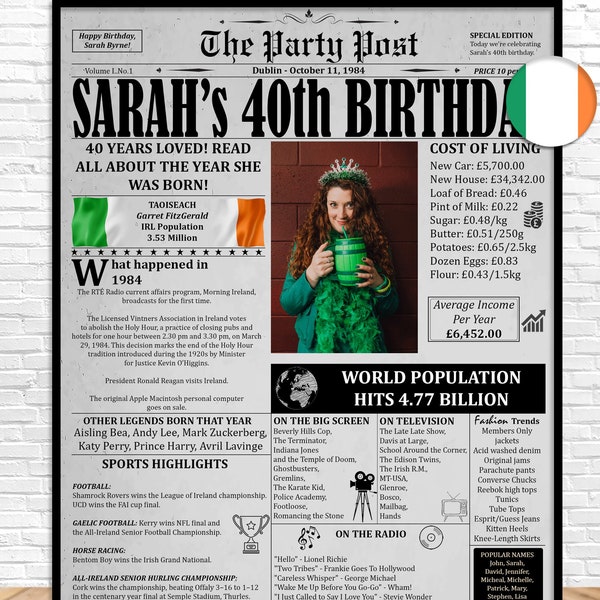 1984 in Irland, 40.Geburtstag Poster, personalisiertes Geschenk für Männer und Frauen, 1984 Zeitung Poster, druckbare Dekoration, 40.Geburtstagsdekoration, irisch