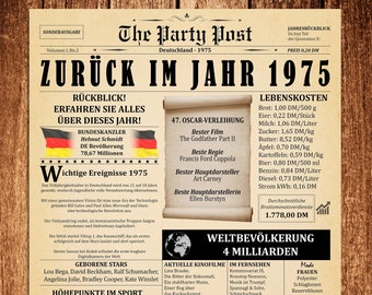 50th Birthday Newspaper Poster, 1975 in Germany, 50th Birthday Gift for Men or Women, Back in 1975 Highlights, Unique 50th Birthday Decor