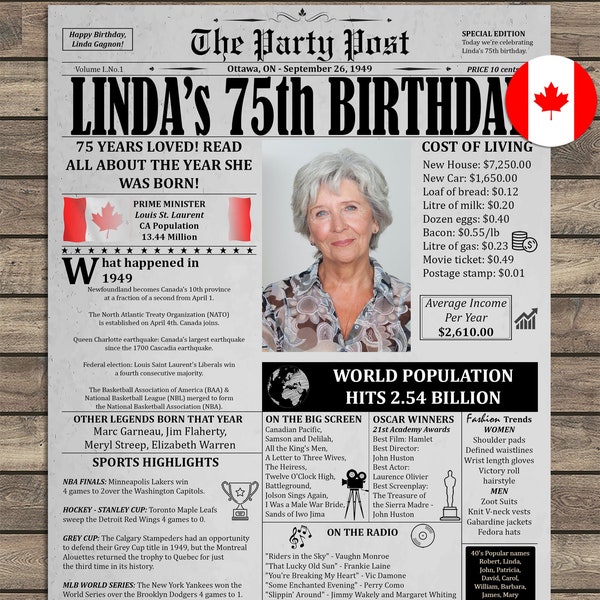 1949 75th Birthday in Canada, 75th Birthday Gift For Men Or Women, Printable 75th Birthday Decoration, Back In 1949, Personalized Newspaper