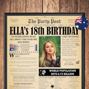 18th Birthday Gift For Girl Or Boy, 2007 in Australia, Personalized Newspaper Poster With Fun Facts, Printable Keepsake For 18 Years Old