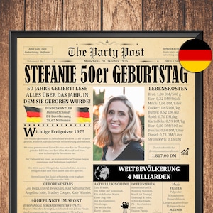 Personalisiertes 50. Geburtstag Poster, 1975 Deutschland Zeitung, Geschenk Frau oder Mann, 50 Jahre Rückblick, Digitales Geburtstagsbild