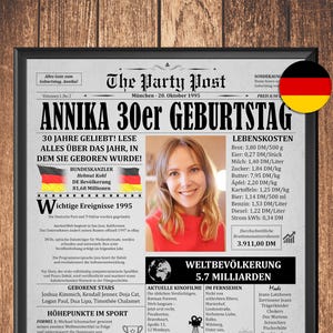 1995 Geburtstagsposter Deutschland, Geschenk zum 30. Geburtstag für Mann oder Frau, Zeitungsartikel mit Fakten, Fun Facts Flashback Poster