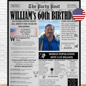 60th Birthday Poster, 1964 Newspaper, Personalized Gift For Dad Or Mum, 60th Birthday Printable Decorations, 60th Birthday Ideas, 60 Years