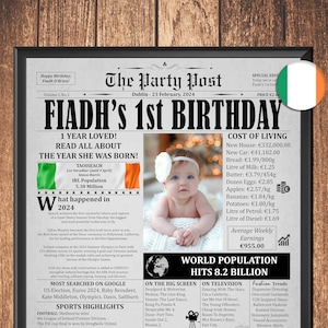 1st Birthday Newspaper Poster, First Birthday Gift Ireland, Born in 2024 Sign, Baby Boy or Girl Keepsake, Irish Printable Time Capsule