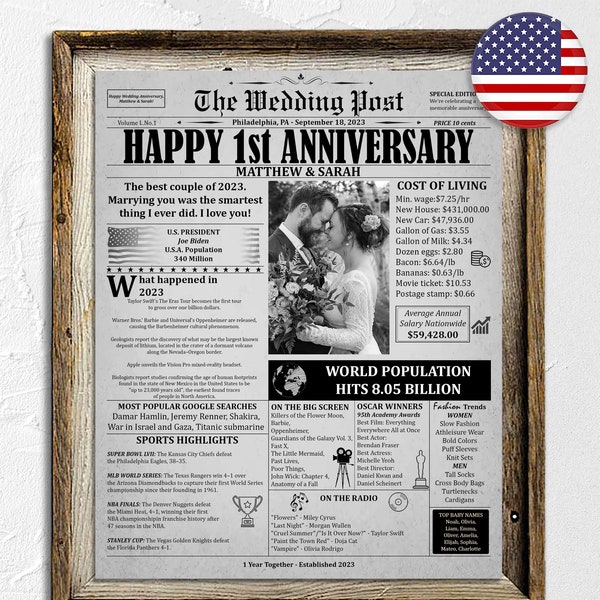 1st Anniversary Gift For Husband Or Wife, Gift For Couples, Printable Paper Anniversary Party Decoration, Married 2023, One Year Of Marriage