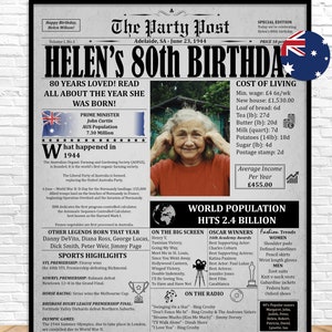 80th Birthday Personalized Poster, Gift For Grandma or Grandpa, 80th Birthday Newspaper Poster, 80th Birthday Decor, 1944 in AUSTRALIA