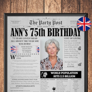 75th Birthday Poster, Born in 1950 UK, Personalized Party Gift, Printable Newspaper Sign, 75 Years Ago Fun Facts, Custom Birthday Decor