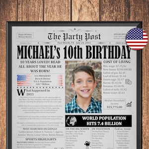 Personalized 10th Birthday Newspaper Poster | 10th Birthday Gift for Girl or Boy | 10 Years Ago Printable Decor | Back in 2015 Article