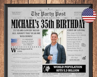 35th Birthday Newspaper Poster, Gift For Man Or Woman Born 1991 in the USA