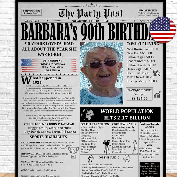 90th Birthday Newspaper, Gift For Grandma or Grandpa, Born In 1934, Personalized Printable Decoration, 90th Birthday Gift, 90 Years Ago