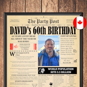 60th Birthday Newspaper Poster, 1965 in Canada, 60th Birthday Gift for Men or Women, Back in 1965 Highlights, Unique 60th Birthday Decor