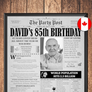 85th Birthday Gift For Men or Women, 85th Birthday Newspaper Poster, 85th Birthday Printable Decor, 85 Years Ago Back In 1940, 1940 CANADA