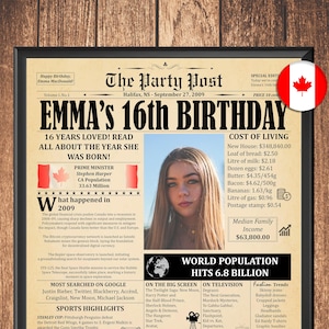 Personalized 16th Birthday Poster for Boys or Girls, 2009 in Canada, 16th Birthday Newspaper Gift, Printable 16th Birthday Decor, Turning 16