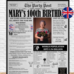 1924 100th Birthday Gift For Women Or Men, Born 1924 In The UK, 100th Birthday Newspaper Poster, What Happened 1924, 100 Years Ago In 1924