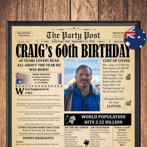 1965 60th Birthday in Australia, 60th Birthday Gift For Men Or Women, Printable 60th Birthday Decoration, Back In 1965 Newspaper Poster