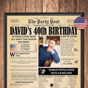 1985 USA Birthday Poster, Personalized 40th Birthday Gift, Custom Newspaper Style Print, Born in 1985 Sign, Printable Keepsake Decor