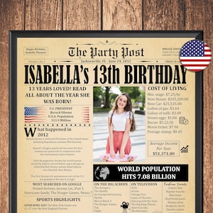 13th Birthday Gift For Son Or Daughter, 13th Birthday Newspaper Sign, Back In 2012 Poster, 13 Birthday Gift Idea, Personalized Digital Print