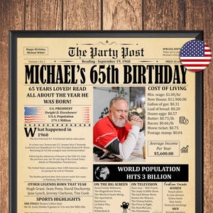 Personalized 65th Birthday Poster for Man or Woman, 1960 in USA, 65th Birthday Newspaper Gift, Printable 65th Birthday Decor, 65 Years Ago