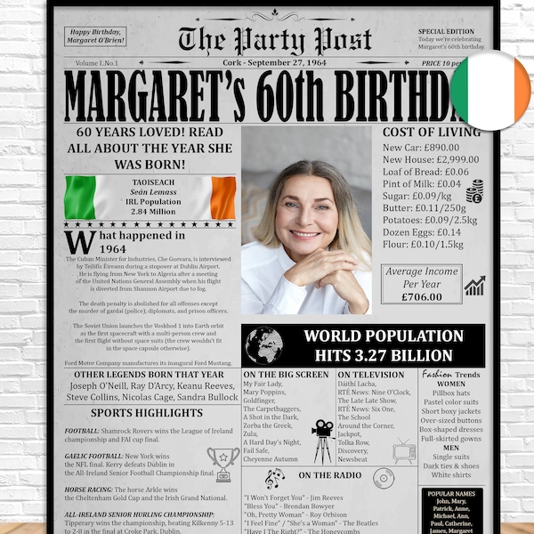 1964 in IRELAND, 60th Birthday Personalized Poster, 1964 Newspaper, Gift For Men Or Women, 60th Birthday Card, Printable Decoration, Irish