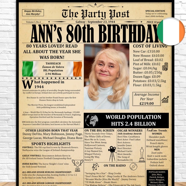 1944 en IRLANDA, Cartel del 80 cumpleaños, Cartel de periódico imprimible de 1944, Regalo personalizado para hombres o mujeres, Decoraciones del 80 cumpleaños