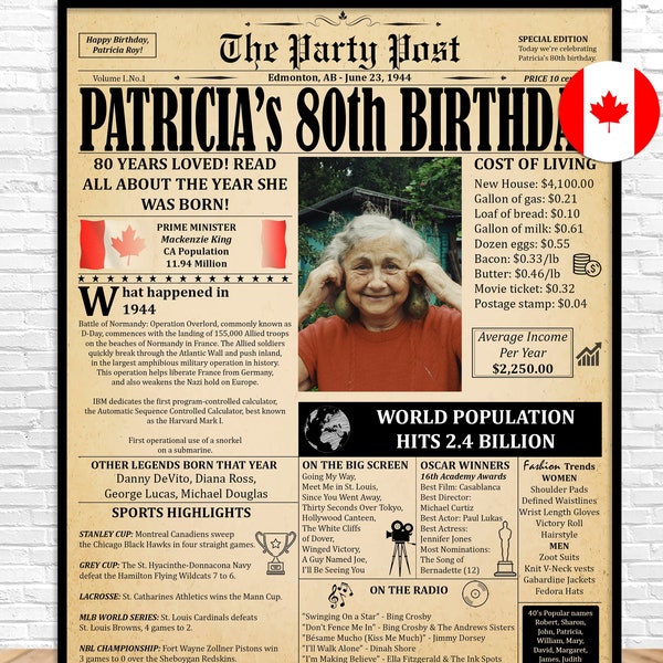 80th Birthday Poster, 1944 Newspaper, 80th Birthday Gift For Grandma Or Grandpa, 80th Birthday Decorations, 80th Birthday Card, 1944 CANADA